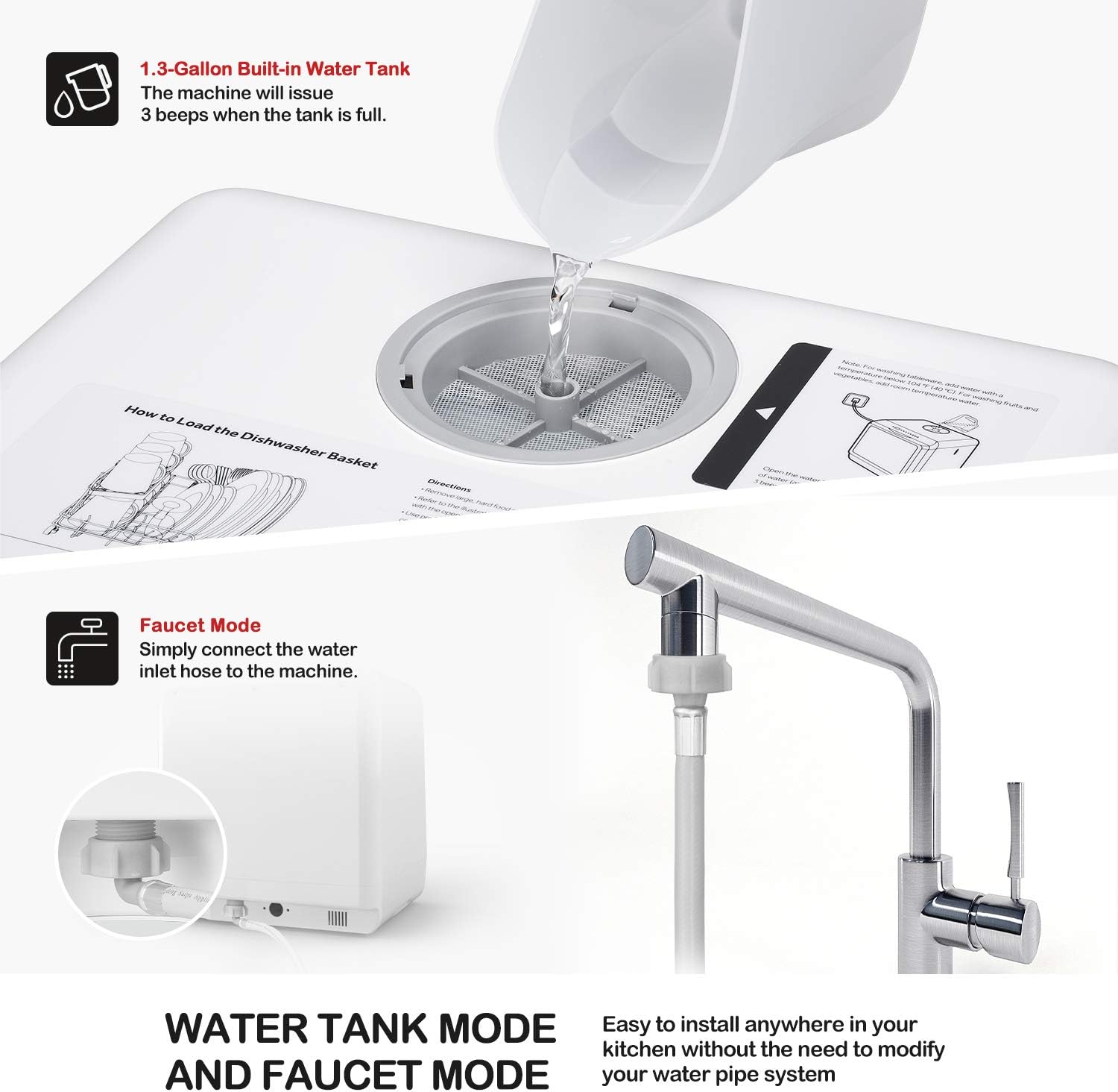 NOVETE Portable Countertop Dishwashers, Compact Dishwashers with 5L Built-in Water Tank & Inlet Hose, 5 Washing Programs, Baby Care, Air-Dry Function and LED Light for Small Apartments
