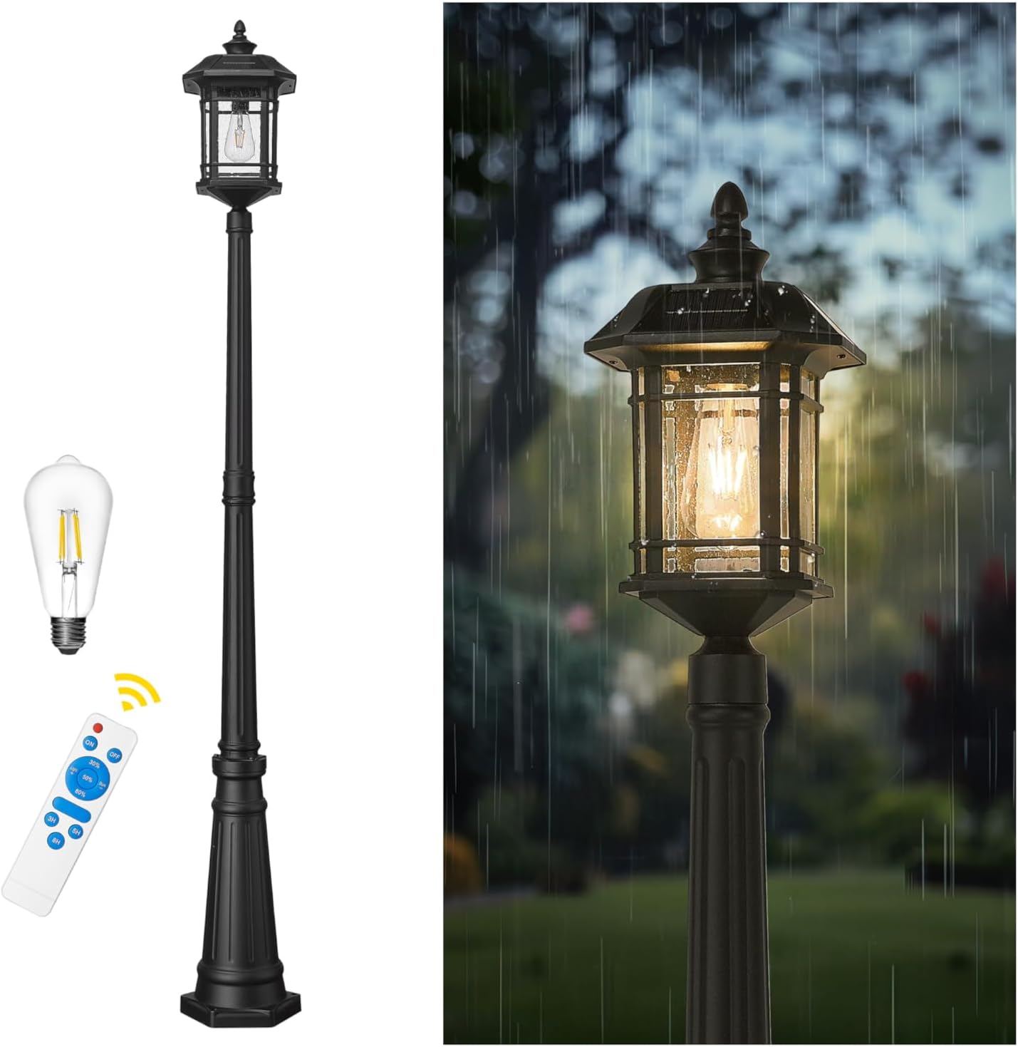 Emliviar 82' Solar Street Lamp Outdoor, LED Dusk to Dawn Pole Solar Light with Remote Control, Waterproof Post Lighting with Seeded Glass, A2202110PL-SL BK