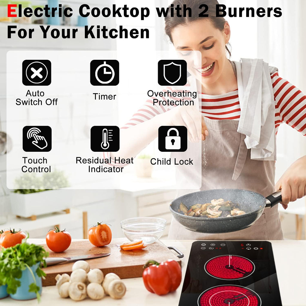 Karinear 2 Burner Electric Cooktop 12 Inch, Drop-in Radiant Cooktop 220v - 240v with Child Safety Lock, Timer, Residual Heat Indicator, 3200W, Hard Wired, No Plug Electric Stove Top