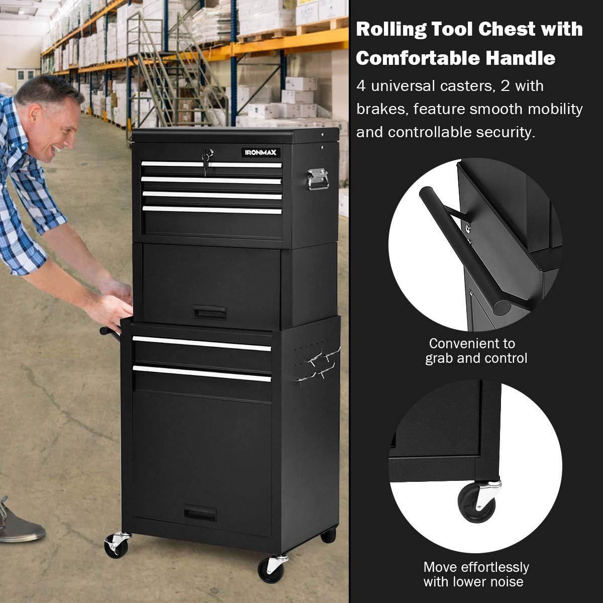 Goplus Tool Chest, 3-in-1 Rolling 6 Drawers Tool Cabinet with Detachable Top Toolbox, Middle Tool Storage, Universal Lockable Wheels, Protective Liner, Auto Lock, Metal Tool Box for Garage Workshop