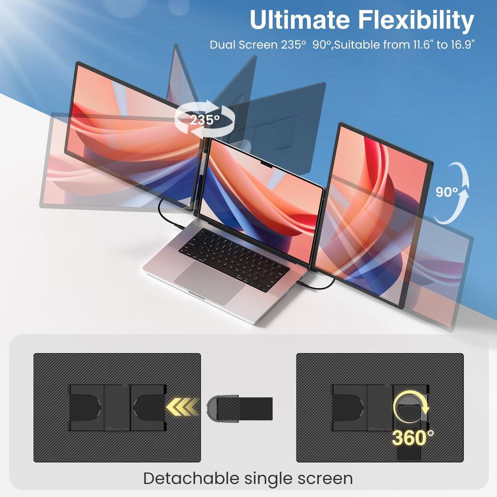 FLYTOCCA 16' Laptop Screen Extender, Updated 1200P FHD Portable Monitor with 16:10 Aspect Ratio Screen, Rotation Detachable Screen, Laptop Monitor Extender Compatible with Windows, Mac, Chrome
