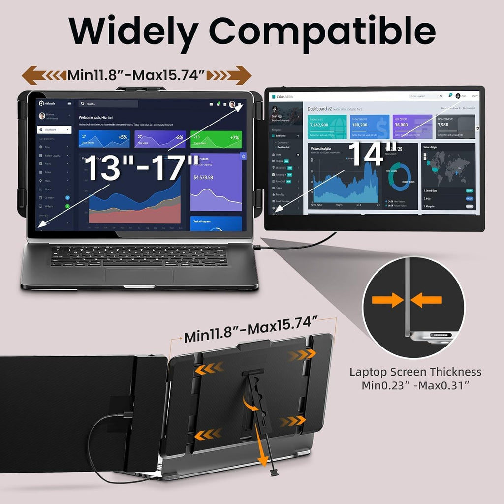 Laptop Screen Extender - 14' FHD 1080P IPS Portable Computer Monitor for Laptops, Dual Screen Travel Monitor for Laptops 13-17' with USB-C/HDMI Port, Plug & Play for Windows/Mac/Android/Switch/PS