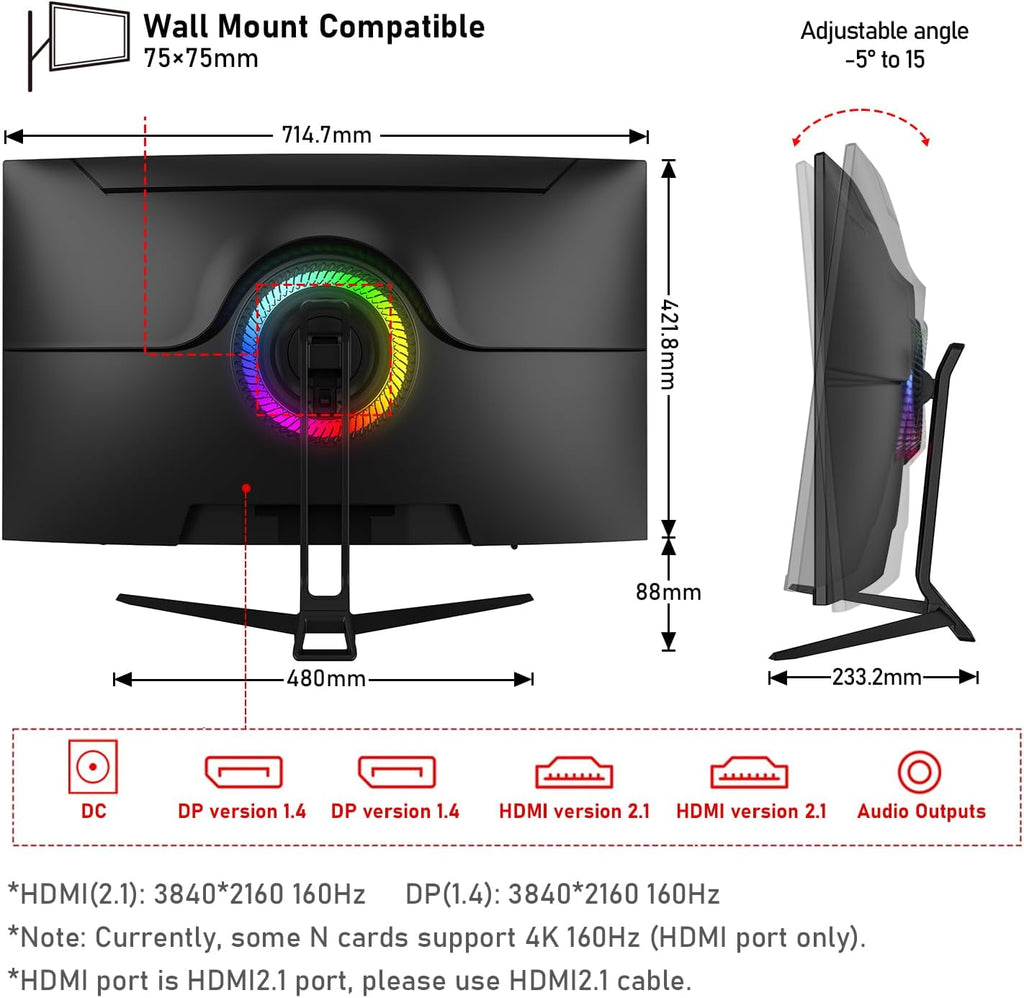 Gawfolk 32-inch 4K Ultra HD Curved 1500R Computer Monitor, 160Hz Gaming Screen, 1ms, Adaptive Sync, 128% sRGB, Built-in Speaker, HDMI 2.1, DisplayPort, Compatible with 75 * 75MM Wall Mount-Black