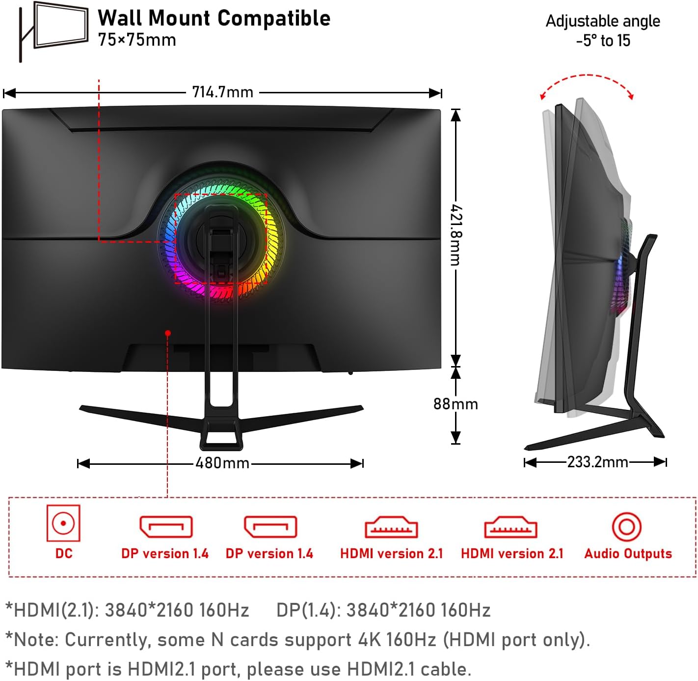 Gawfolk 32-inch 4K Ultra HD Curved 1500R Computer Monitor, 160Hz Gaming Screen, 1ms, Adaptive Sync, 128% sRGB, Built-in Speaker, HDMI 2.1, DisplayPort, Compatible with 75 * 75MM Wall Mount-Black