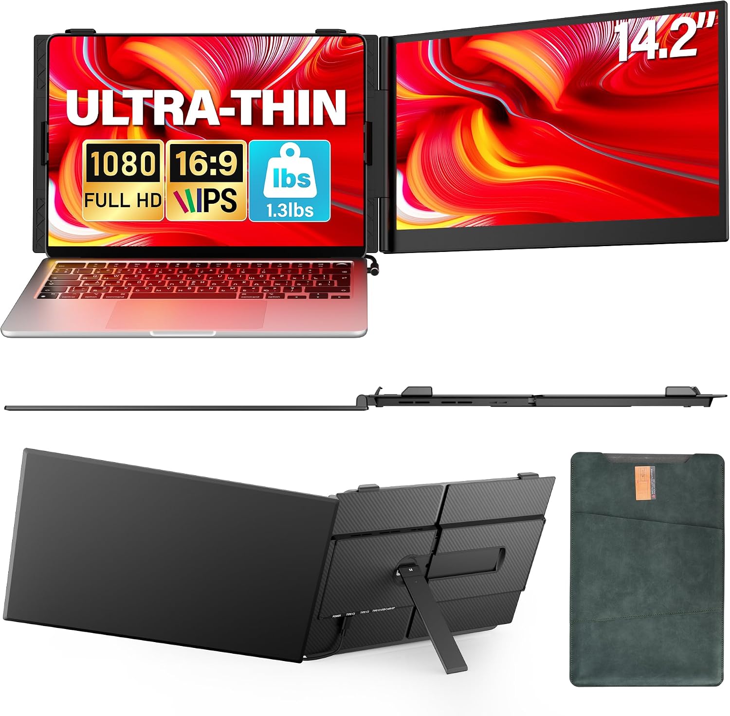 Ultra Thin Laptop Screen Extender Monitor Portable,14.2' 1080P FHD Lightweight Dual Screen,Portable Monitor for Laptop,Fit for 13-17' Laptops,Plug & Play Compatiable with Win/Mac/Chrome/Android/Switch