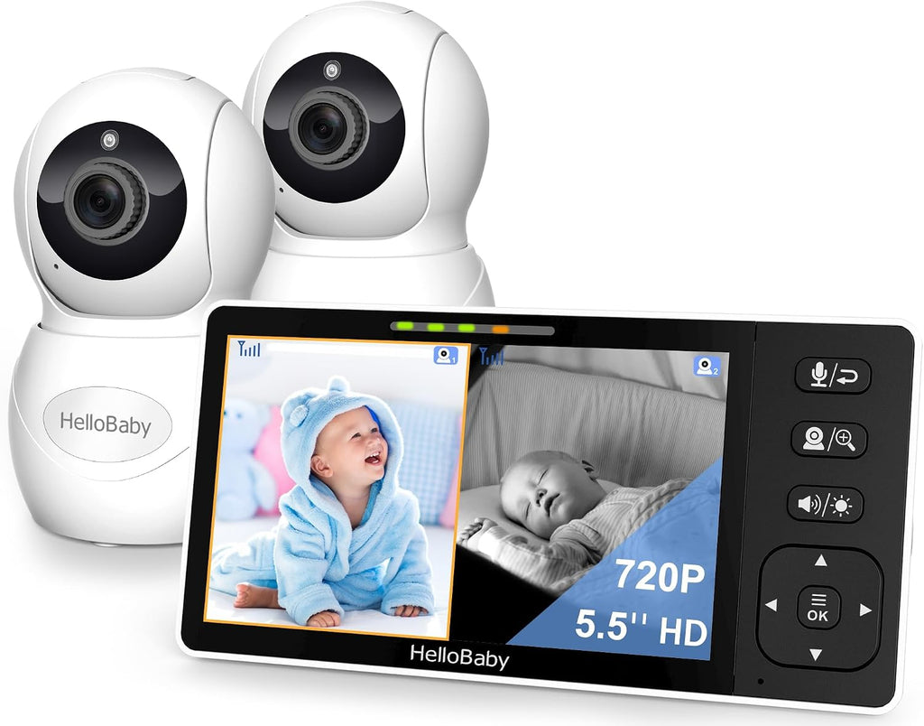 HelloBaby Baby Monitor with 2 Cameras, 5.5' 720P HD No WiFi Audio Display Split Screen, Dual 1080P Cameras, Pan-Tilt-Zoom, 2-Way Talk, Night Vision, 4000mAh Battery, Clock & Timer, Wide View