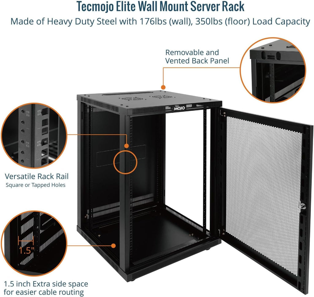 Tecmojo 18U Wall Mount Rack,18U Rack 23.6 Inch Depth,Hold Up to 176 Lbs,Server Rack with Casters,Enclosed Network Cabinet for 19 Inch Network,Server and AV Gear,Mesh Door(Elite Collection)
