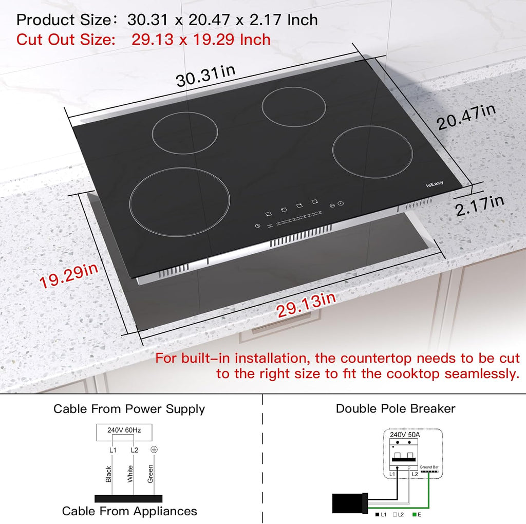 Electric Cooktop 30 inch Ceramic Stove 4 Burners 6700W Built-in Stove Top Electric Hot Plate Satin Glass cooktop in Black Touch Sensor Control/Timer/Child Safety Lock/9 Power Levelsr/220-240V