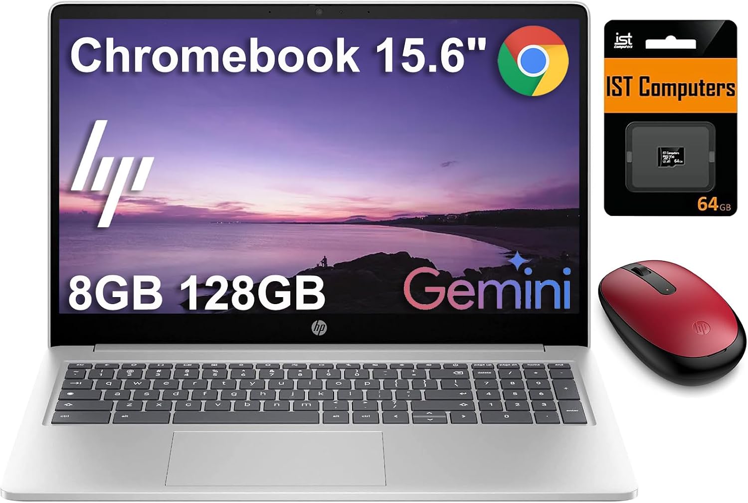 HP 15 Laptop Chromebook w/Bluetooth Mouse (15.6' Anti-Glare, Intel N200 (> i3-1115G4), 8GB DDR5 RAM, 128GB Storage (64GB eMMC + 64GB SD Card)) Home & Student, Wi-Fi, Numeric KB, Webcam, Chrome OS