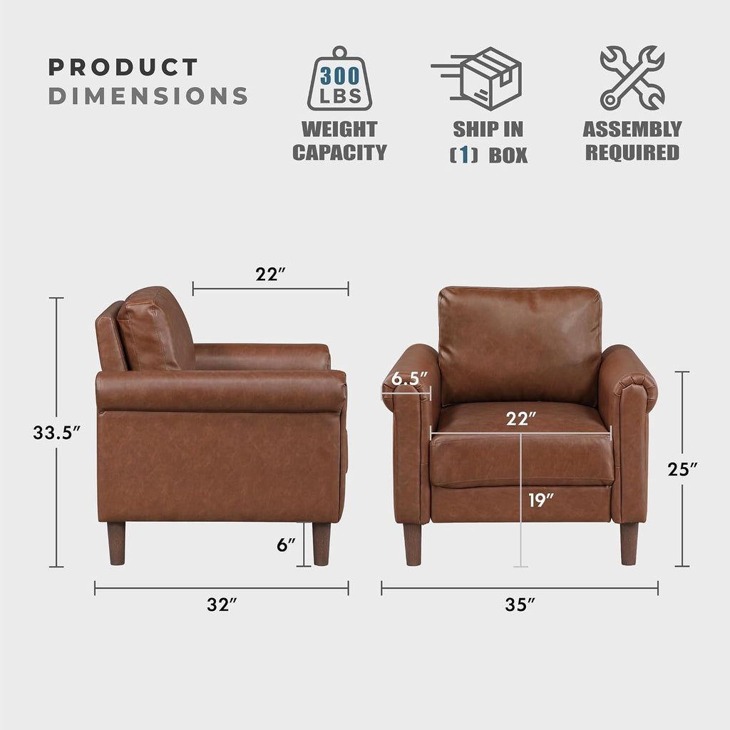 Lexicon 35' W Living Room Accent Chair, Faux Leather Upholstered Armchair with Rolled Arms & Wood-Look Feet, Traditional Single Sofa Chair for Living Room, Bedroom or Office - Chocolate