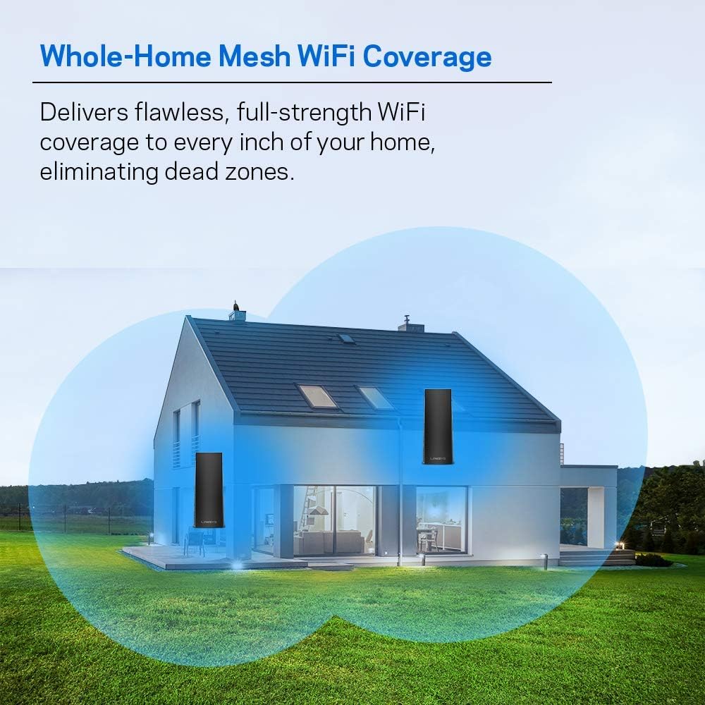 Linksys Velop Mesh Home WiFi System, 4,000 Sq. ft Coverage, 40+ Devices, Speeds up to (AC2200) 2.2Gbps, Black - WHW0302B