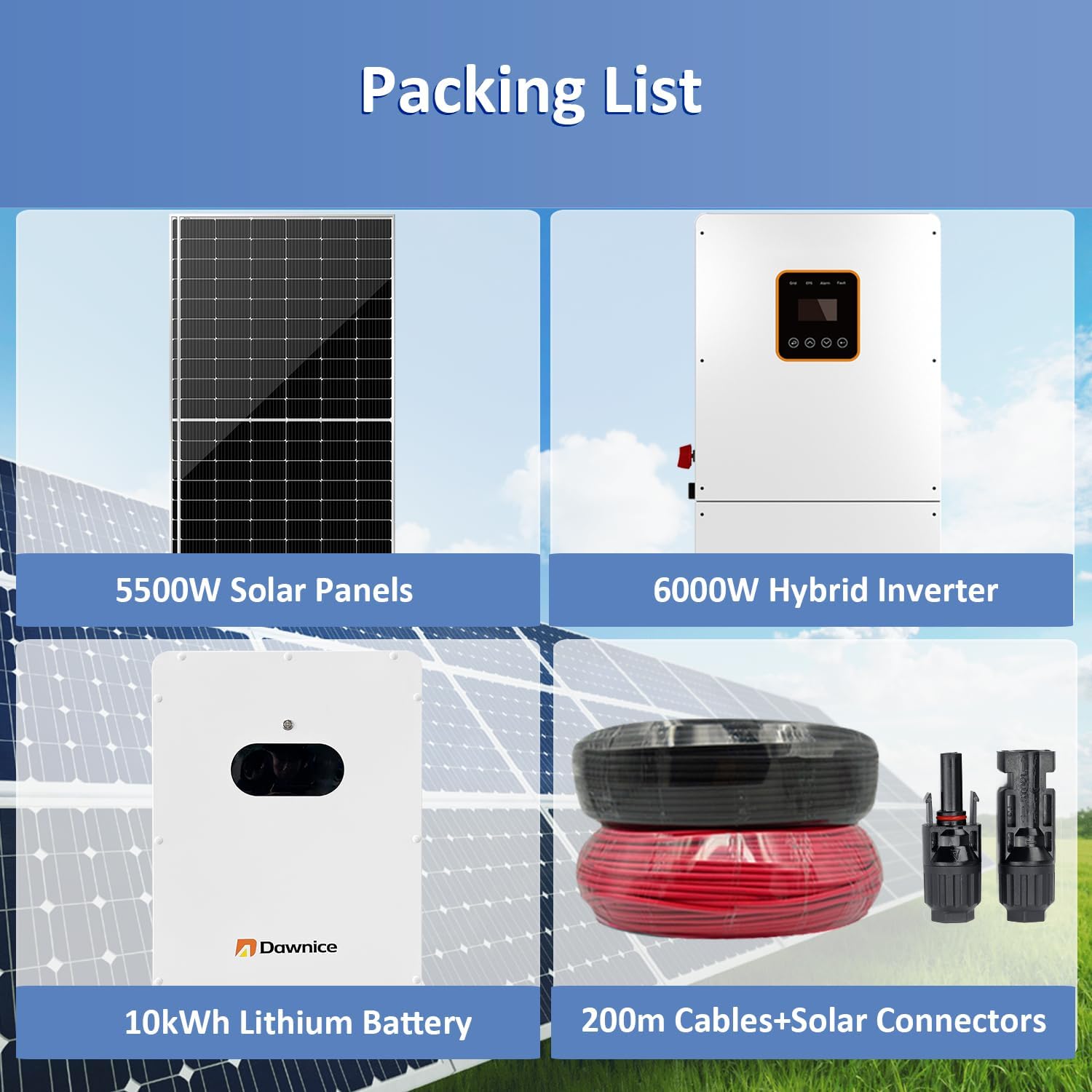 5kW Solar System Complete Kit Off Grid On Grid, 10pcs 550W Bifacial Solar Panels(5500W), 6000W Hybrid Split Phase Inverter(120V/240V), 51.2V Wall Mounted Lithium Battery (10kWh Battery)
