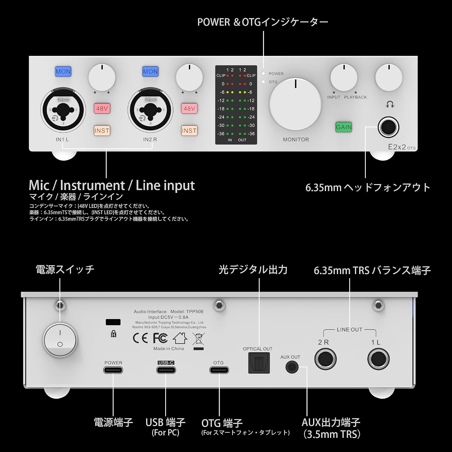 TOPPING E2x2 OTG USB Audio Interface - Ultra-Linear Preamp & Powerful Headphone Amp,Optical Output, Dual Mobile Streaming, Zero-Latency, 192kHz/24bit Recording, PC/Mobile Compatible (Black)