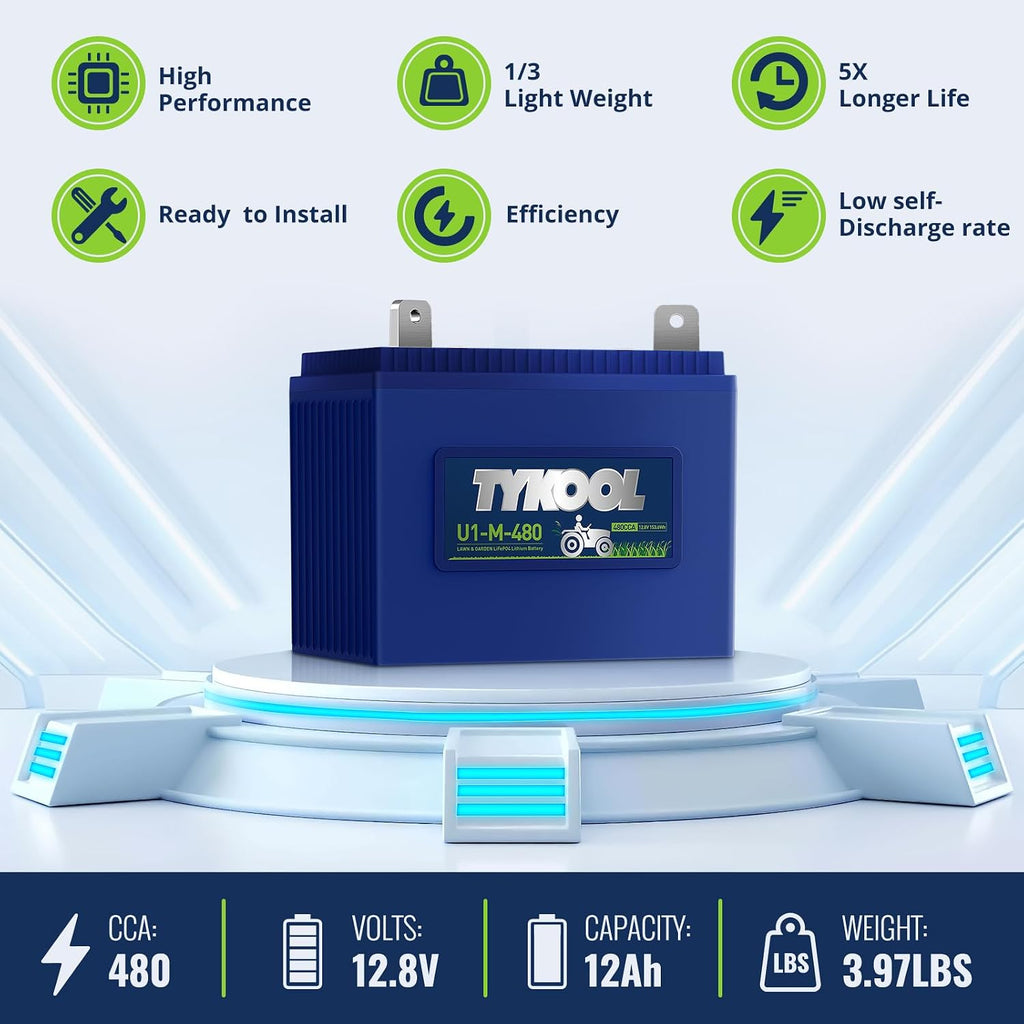 TYKOOL 480CCA 12AH, Group U1 Lithium LiFePO4 Lawn Mower Battery,Garden Tractor Battery, Fits for Ride on Lawn Tractor and Mower,Compatible with John Deere,Cub Cadet,Craftsman,Troy-Bilt Mower,Generator
