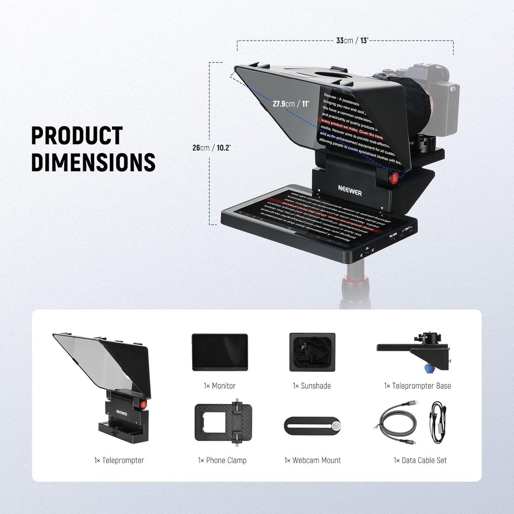 NEEWER 2 in 1 Teleprompter 11 Inch with Monitor for Windows MacOS, Supports Screen Mirroring, Portable Prompter for Camera Mobile Phone Webcam for YouTube Twitch Live Streaming Conference, X11