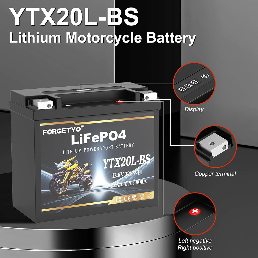 Lithium YTX20L-BS, 800A LiFePO4 Motorcycle Battery, 12V 10AH ATV, UTV, Jet Ski, 4 Wheeler,Snowmobile,Tractor,Generator and Riding Lawn Mower Battery