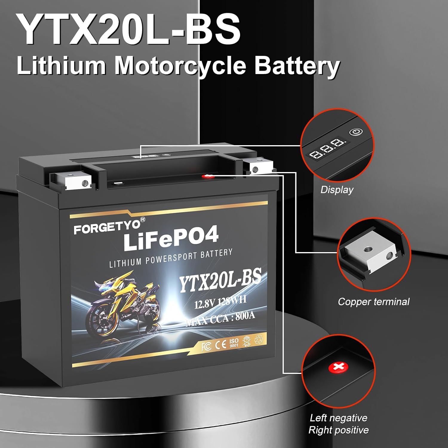 Lithium YTX20L-BS, 800A LiFePO4 Motorcycle Battery, 12V 10AH ATV, UTV, Jet Ski, 4 Wheeler,Snowmobile,Tractor,Generator and Riding Lawn Mower Battery