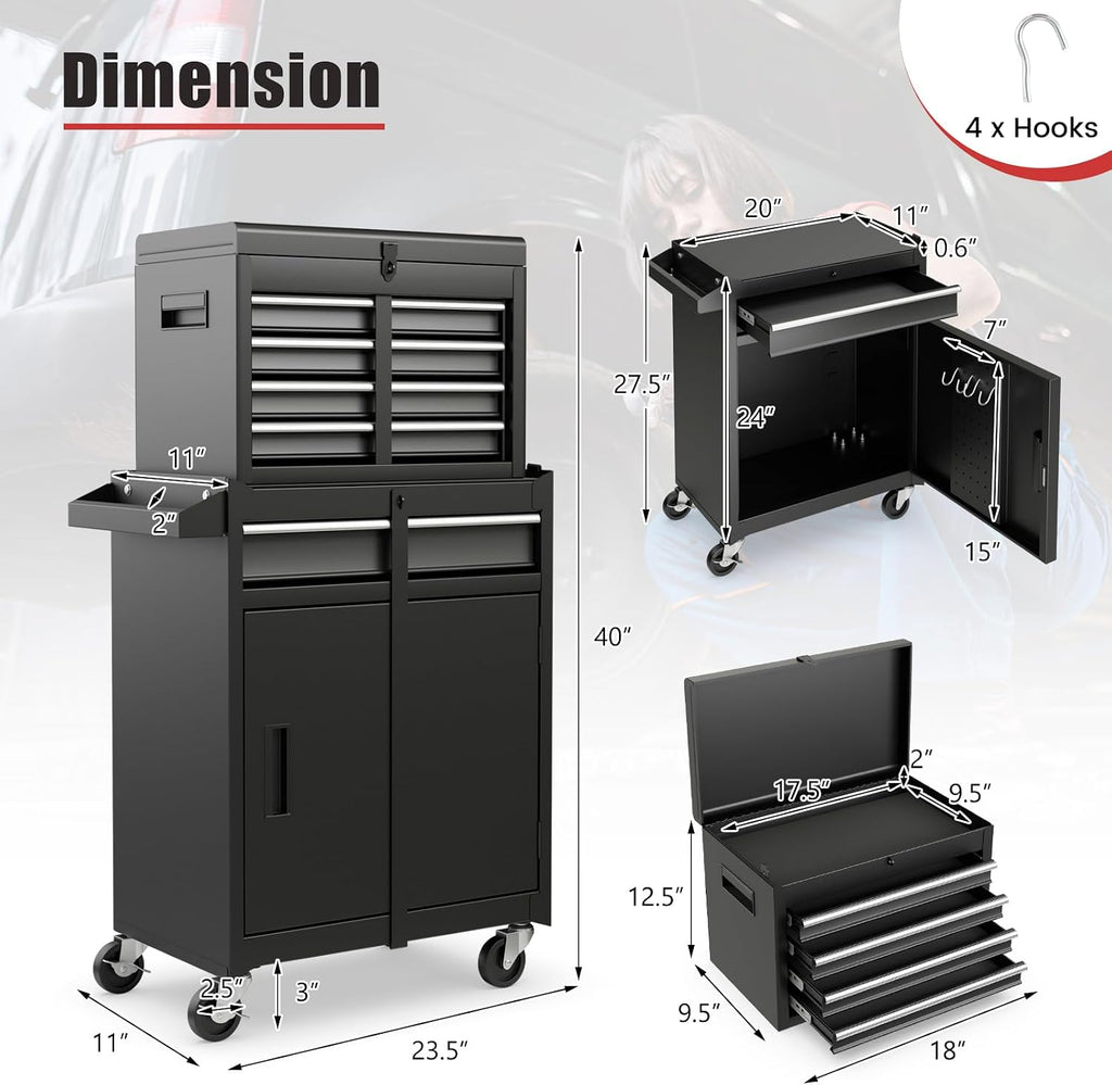 IRONMAX Rolling Tool Chest, 5-Drawer Lockable Tool Cabinet w/Adjustable Shelf & 4 Universal Wheels, 2 in 1 Detachable Tool Box Storage Organizer for Garage Workshop Repair Shop, Black