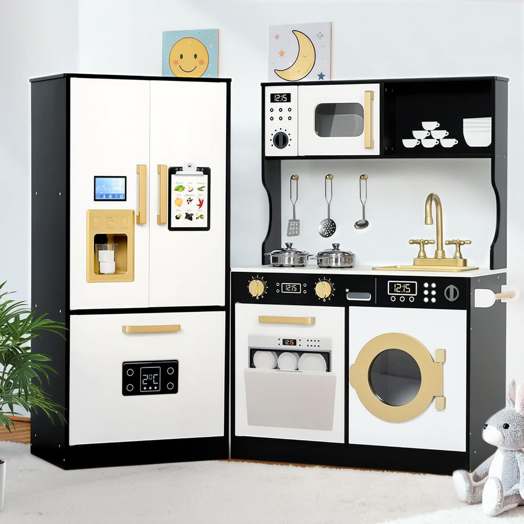 Kinder King Wooden Kids Play Kitchen, Toy Kitchen Playset for Toddler, Play Kitchen Set w/Transparent Coloring Board, Pretend Fridge, Washing Machine, Ice Maker, Gift for Boys Girls Age 3+, Black