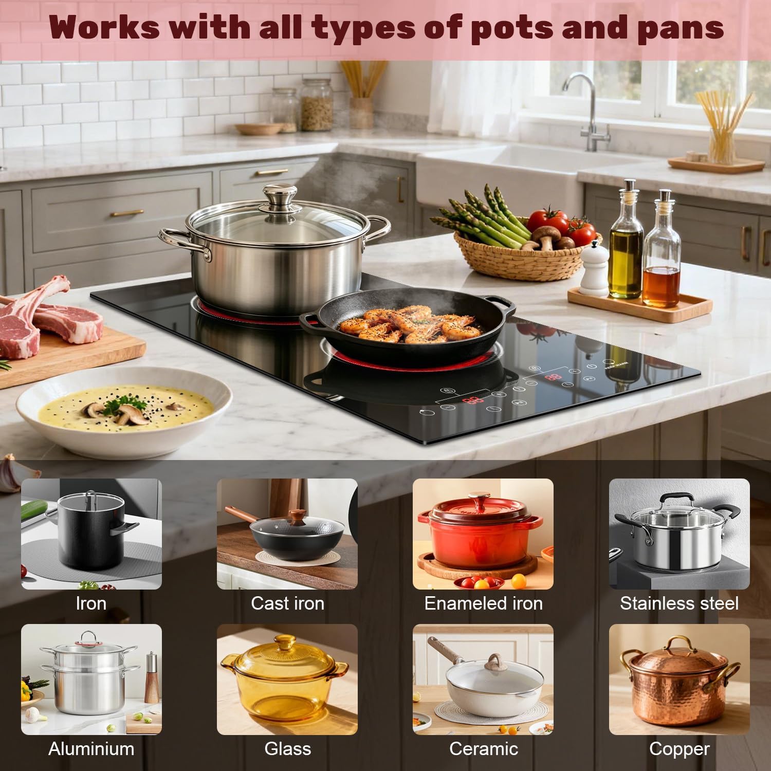 2 Burner Electric Cooktop 2000W, 12 Inch Electric Cook Top Plug in 110V, Electrics Stove with Touch Control, Countertop & Built-in Ceramic Stovetop, 9 Heating Level, Timer, Residual Heat Indicator