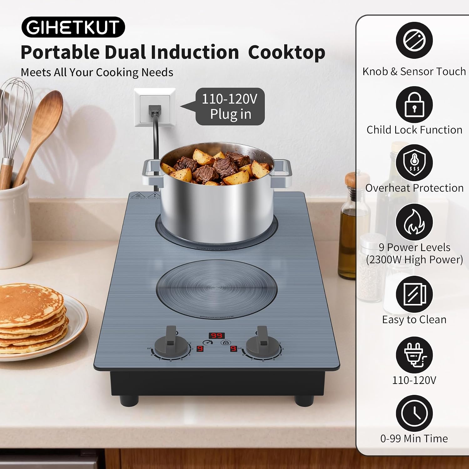 GlHETKUT Induction Cooktop,110V 2300W double burner hot plate with LED Touch Screen,9 Power Levels,Kids Lock & Timer,knob and touch control 2 burner induction cooktop