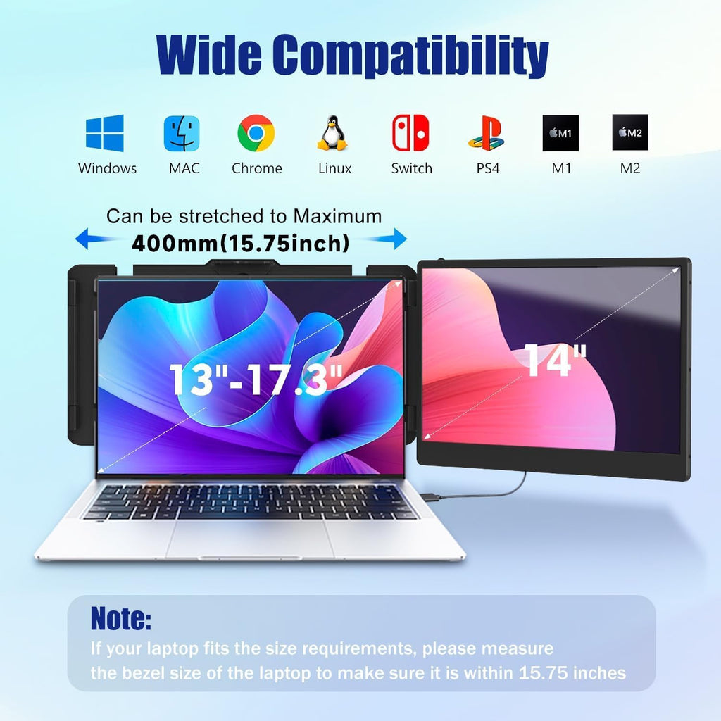 KEFEYA Laptop Screen Extender, 14' FHD 1080P IPS Laptop Monitor Extender Dual Screen, Portable Monitor for Laptops 13-17' with USB-C/HDMI Port, Plug n Play for Windows/Mac/Android/Switch/PS5
