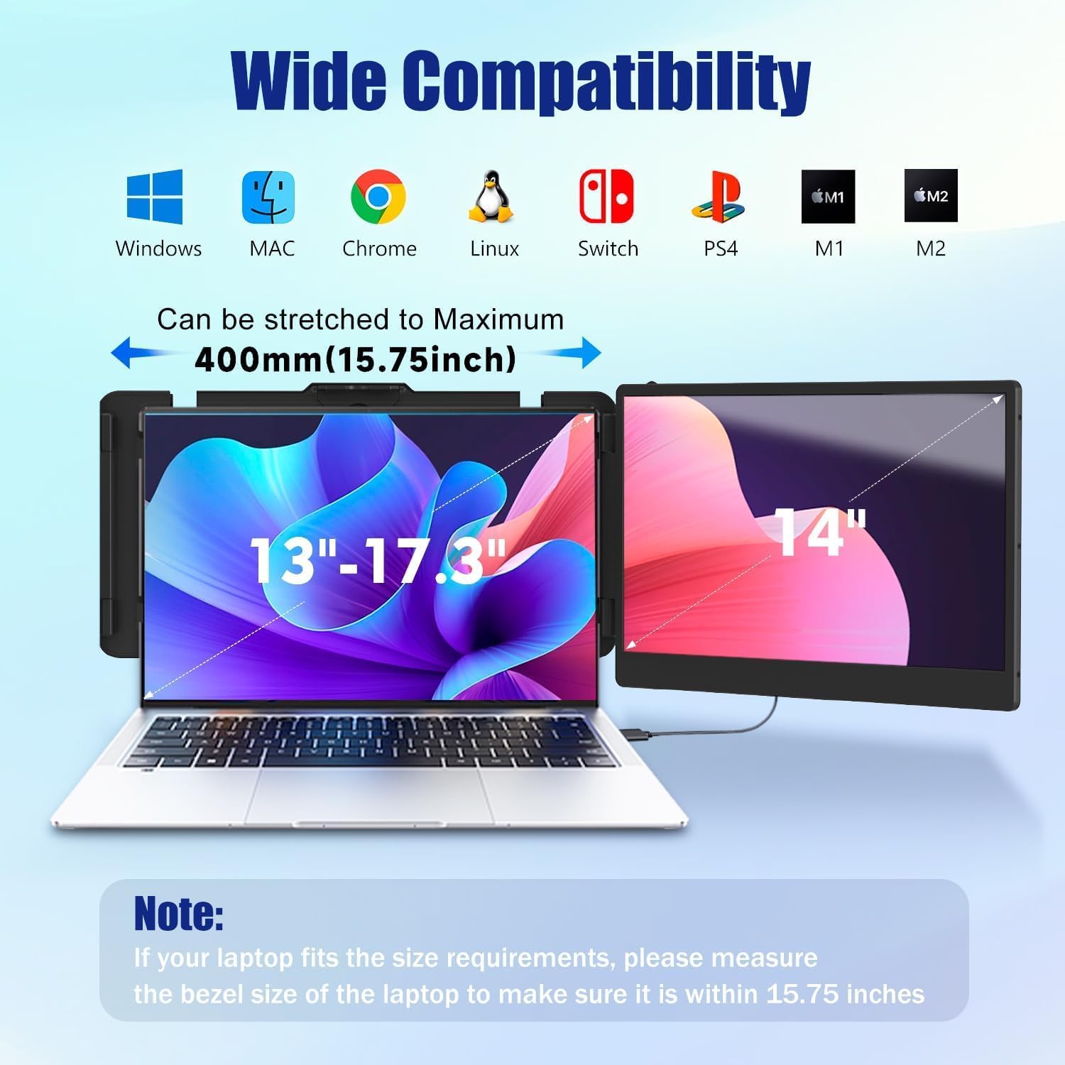 KEFEYA Laptop Screen Extender, 14' FHD 1080P IPS Laptop Monitor Extender Dual Screen, Portable Monitor for Laptops 13-17' with USB-C/HDMI Port, Plug n Play for Windows/Mac/Android/Switch/PS5