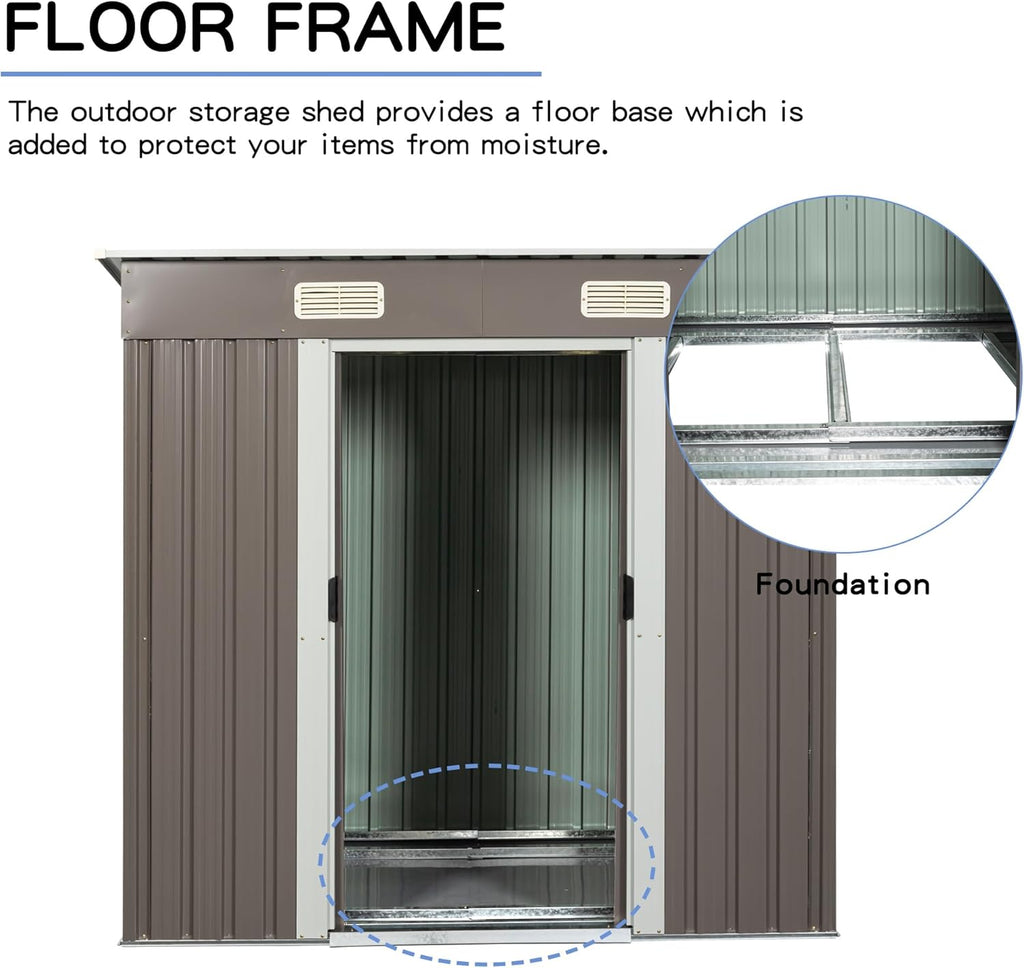 6x4 FT Outdoor Storage Shed, Metal Garden Shed with Frame Floor, Outside Tool Shed with Lockable Sliding Door, Waterproof Storage Building with Sloped Roof & Air Vents for Backyard, Patio, Warm Gray
