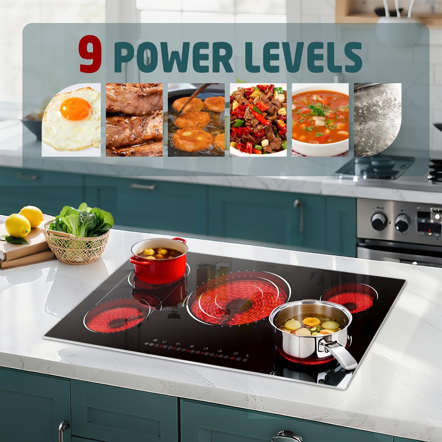 Hobsir Electric Cooktop 36 Inch, Electric Stove Top Burner, 5 Burners 36 Cooktop, 9600W Drop-in Ceramic Stove with Glass Metal Frame, Triple Ring, Flex Zone, 220-240V, Hard Wired (No Plug)