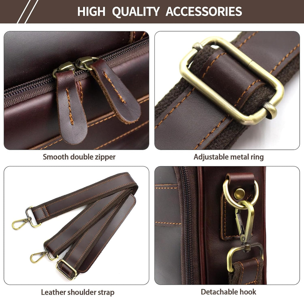 Jack&Chris Full Grain Leather Briefcase for Men, Business Messenger Bag Laptop Bag Attache Case, Fits 15.6 Inch Laptop