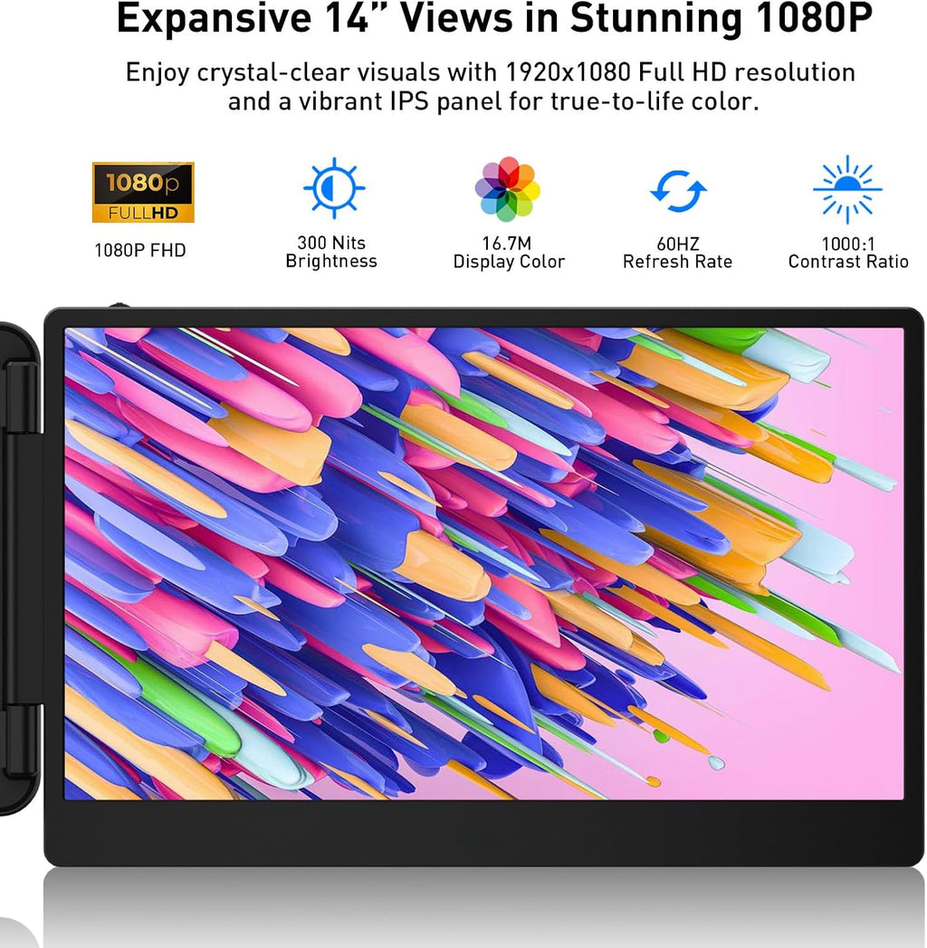 TXV Laptop Screen Extender – 14' Portable Monitor for Laptop, Full HD 1080P IPS Display, USB-C & HDMI, Dual Speakers, 72% Color Gamut, for Work, Travel, Gaming