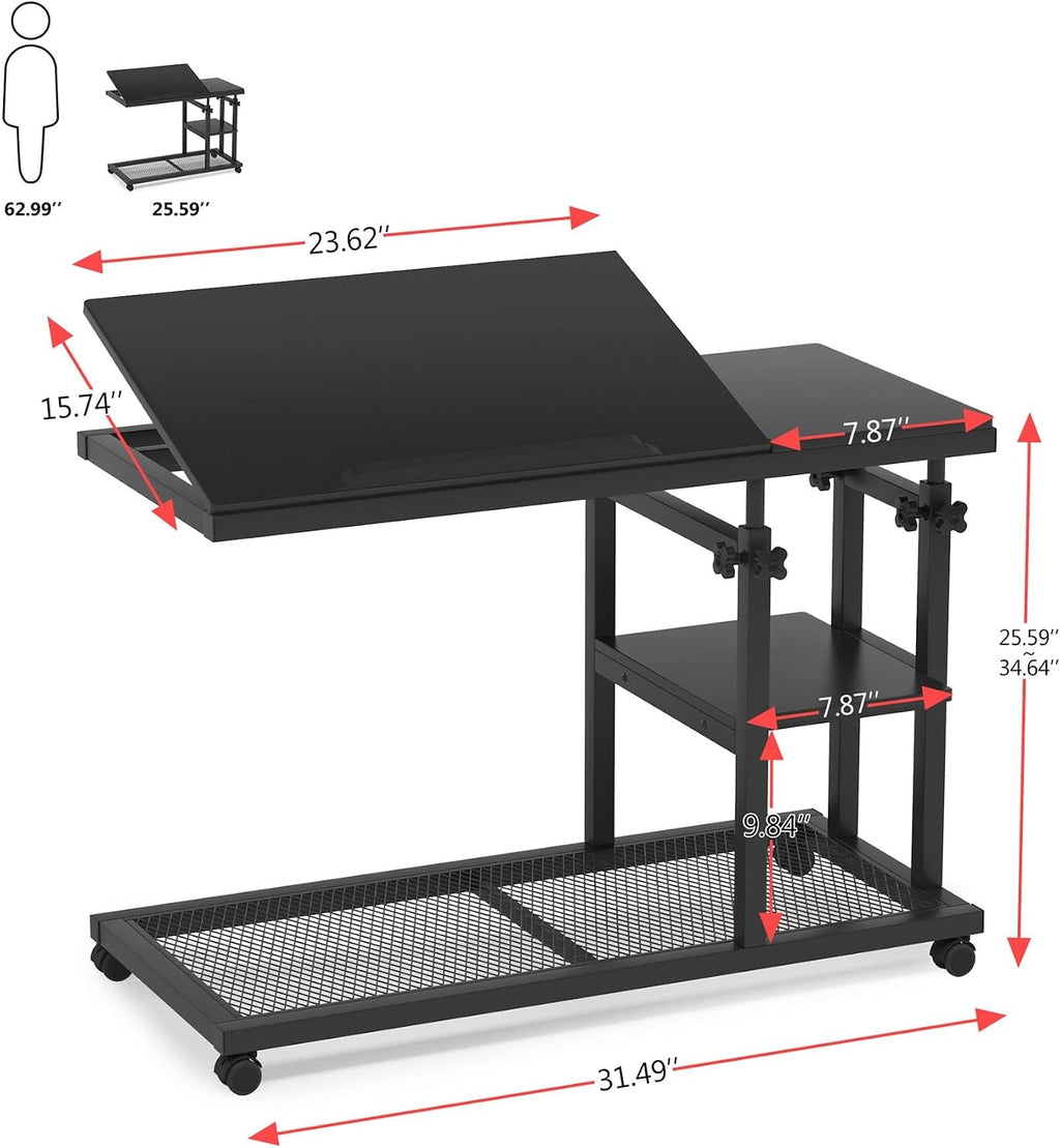 Tribesigns Height Adjustable C Table with Wheels, Mobile Couch Snack Side Table with Tiltable Drawing Board, Sofa Bedside Laptop Stand C Shaped TV Tray with Storage Shelves (Black)