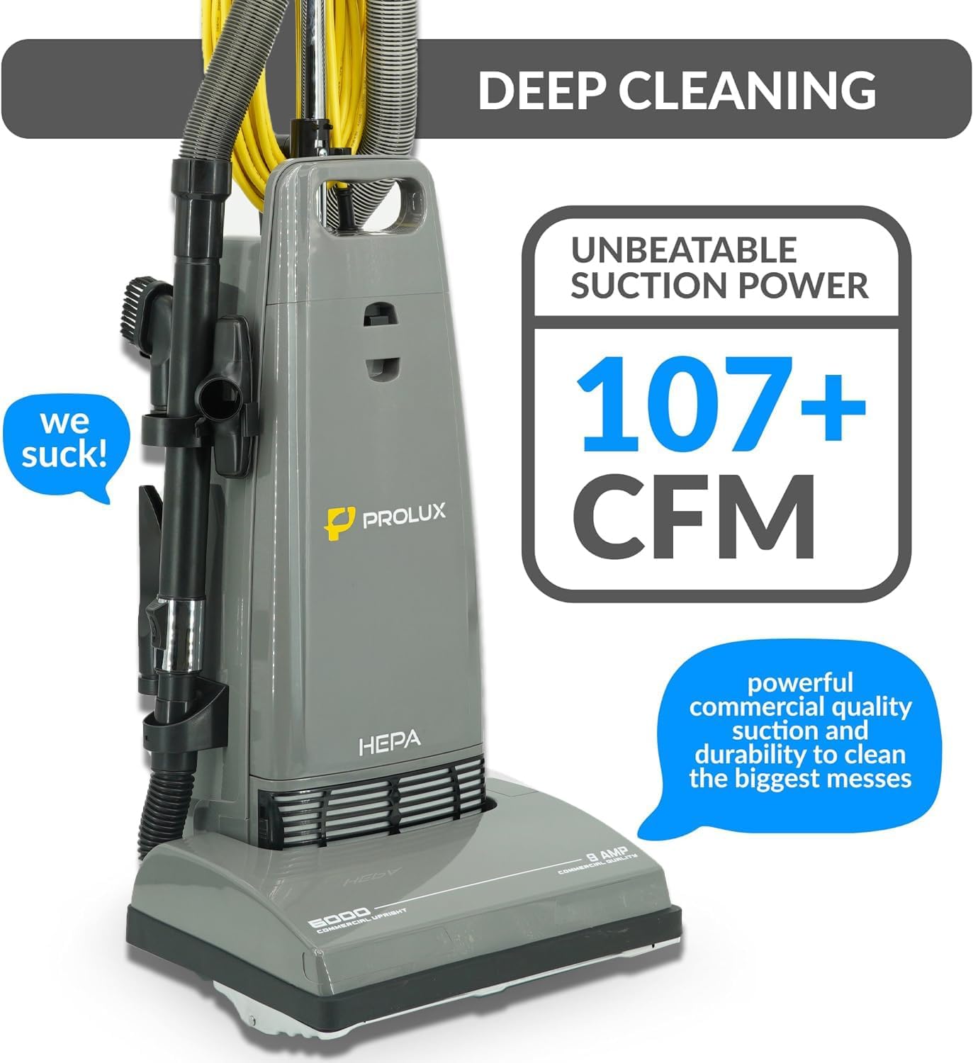 Prolux 6000 Commercial Upright Vacuum with On Board Tools, Bagged Vacuum Cleaner, Commercial Vacuum, Carpet, Floor, HEPA Filter, Steel Brushroll, 107 CFM Suction Power