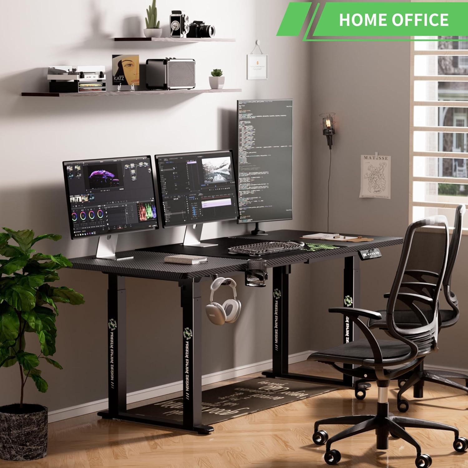 X-WIN Electric Height Adjustable Standing Desk, 71' x 31.5' Inch 4-Leg Ergonomic Sit to Stand Desk for Home Office, Powerful Dual Motor Work Desk with Locking Wheels, Carbon Fiber Textured Black