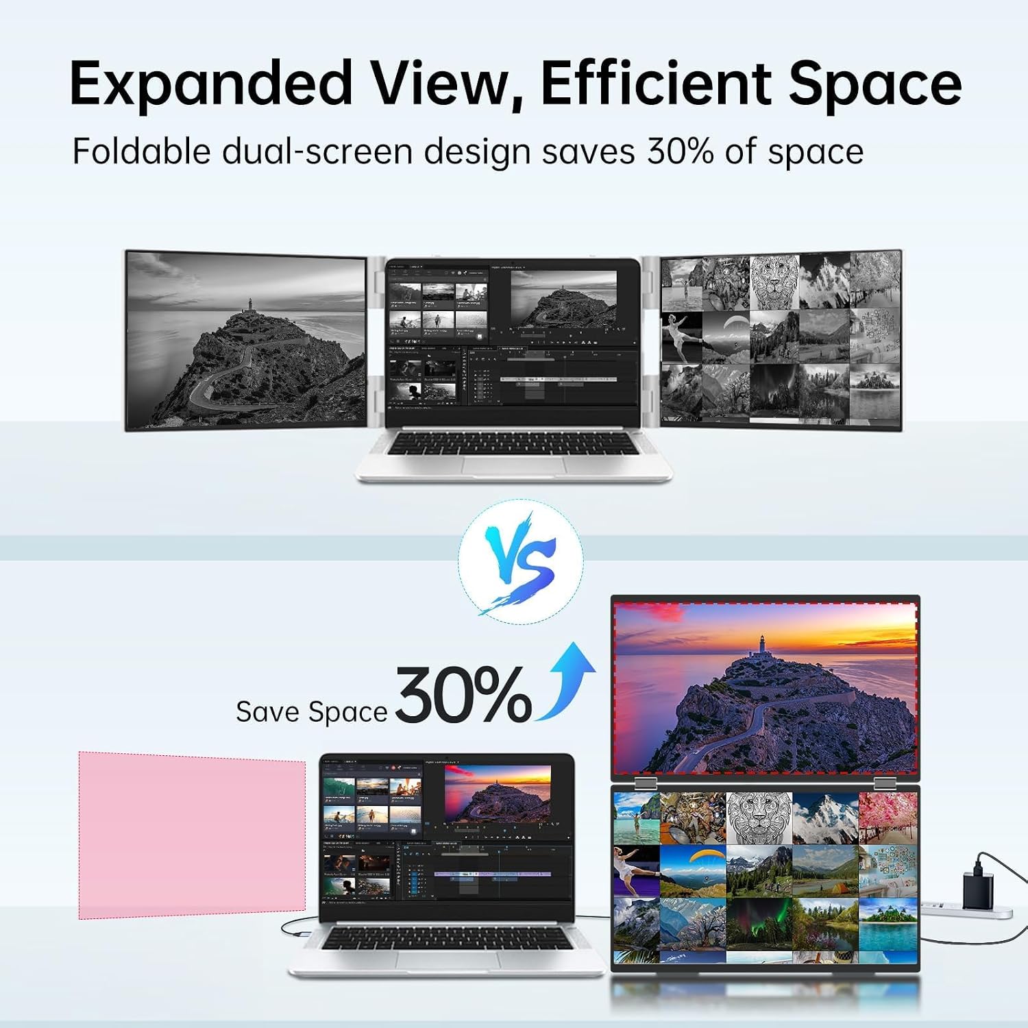 InnoView Portable Dual Monitor 15.6' 1920x1080 Dual Stacked Foldable Monitor | 315° Screen Adjustment | USB-C/HDMI Second Monitor for Laptop, Mac, Windows