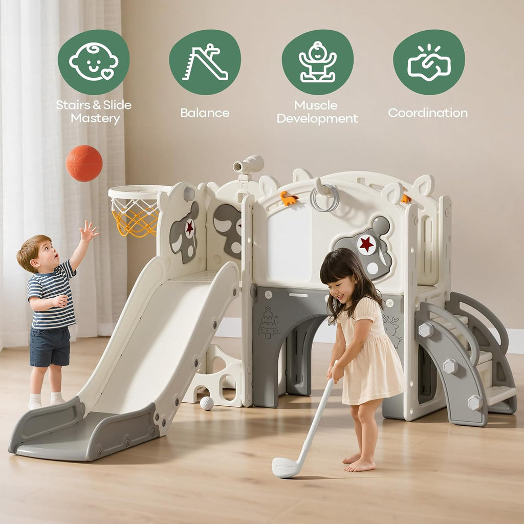 Mloong Toddler Slide for Kids - 10 in 1 Kids Slide for Toddlers Baby 1-3 Years Old, Indoor and Outdoor with Basketball Hoop Golf Drawing Set, Easy Assembly Elk Theme (Beige & Gray)(54×62×39in)