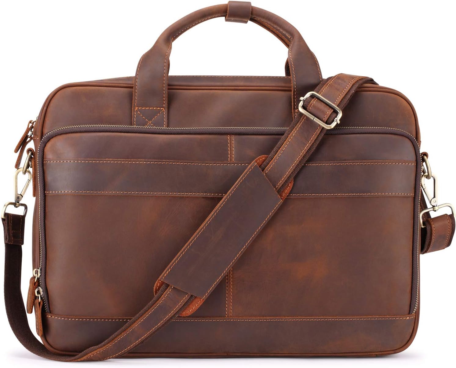 Jack&Chris Full Grain Leather Briefcase for Men, Business Messenger Bag Laptop Bag Attache Case, Fits 15.6 Inch Laptop