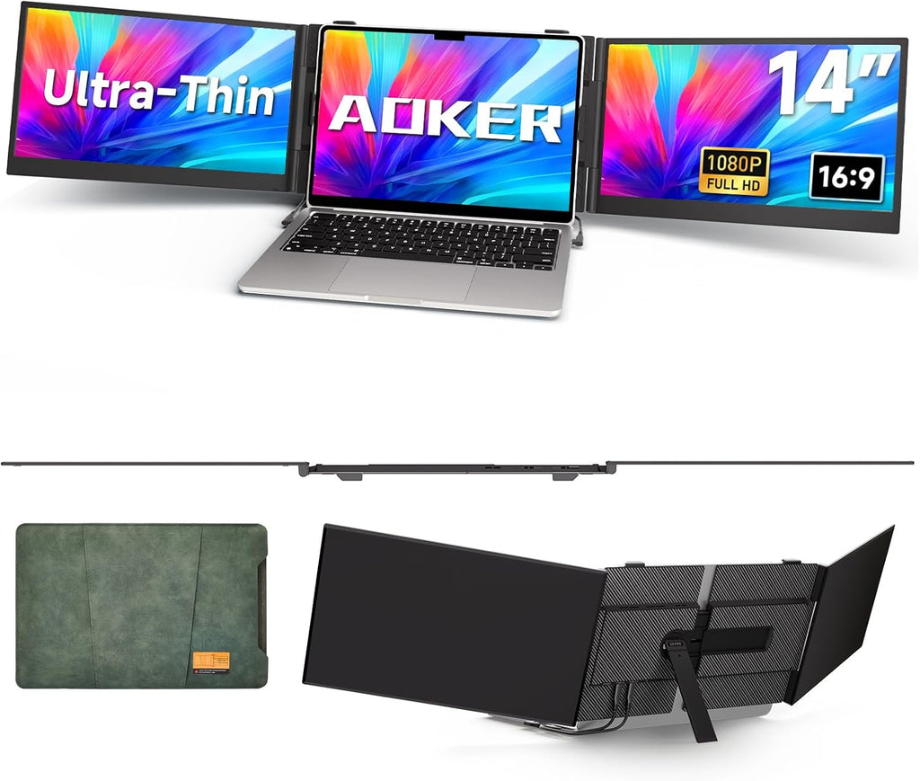 Triple Laptop Screen Extender - Ultra Thin 14' Monitor IPS FHD 1080P Portable Display for 13'-17' Laptops Compatible with Compatible with Windows Mac Chrome Surface Travel Work Setup