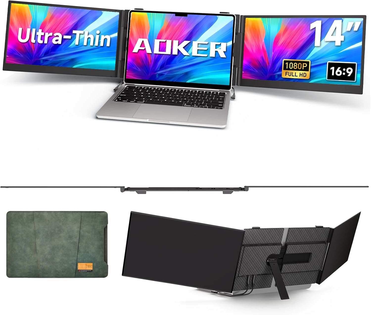 Triple Laptop Screen Extender - Ultra Thin 14' Monitor IPS FHD 1080P Portable Display for 13'-17' Laptops Compatible with Compatible with Windows Mac Chrome Surface Travel Work Setup