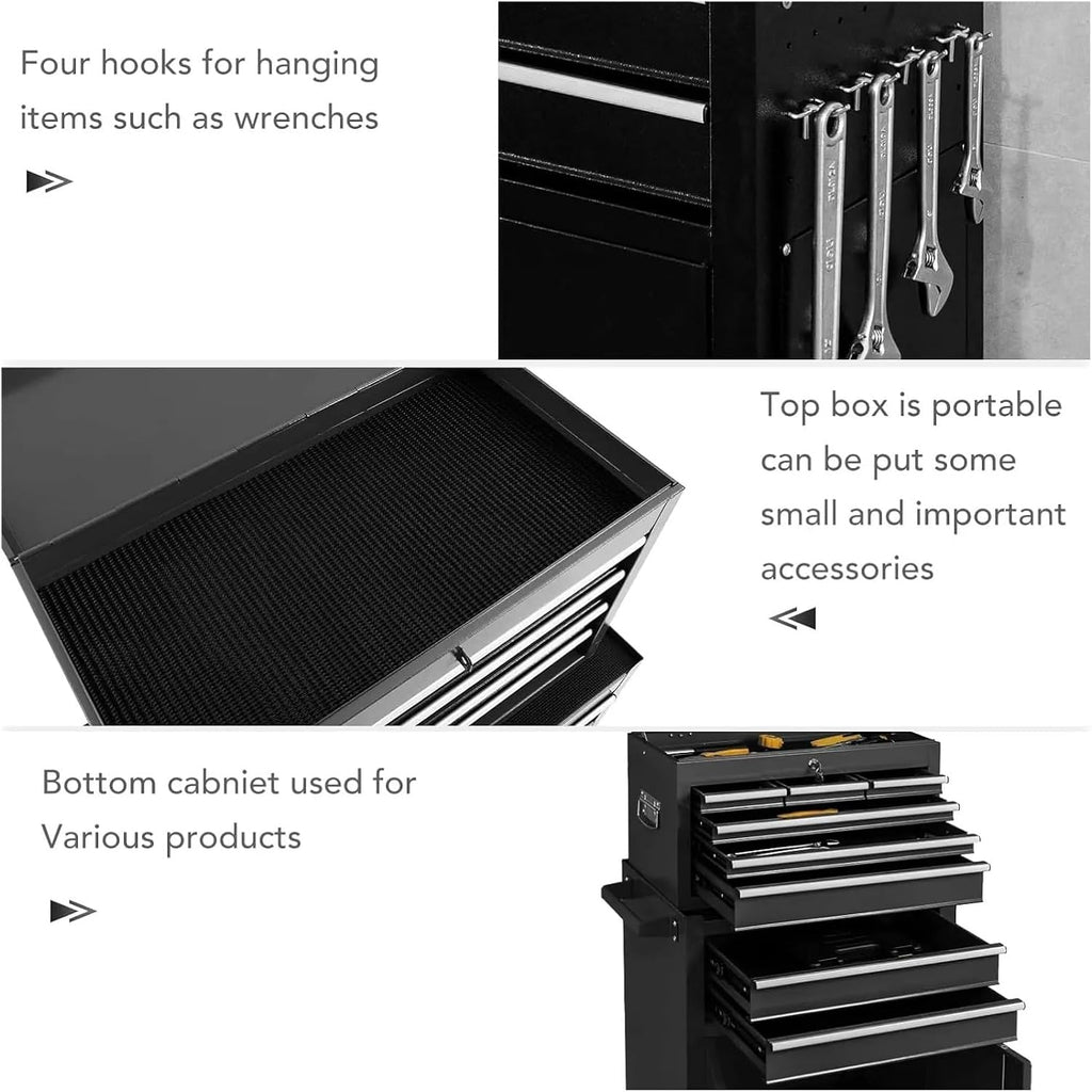 Tool Box Rolling Tool Chest with 8 Drawers and Detachable Top Tool Box, Mobile Steel Tool Storage Organizer, Tool Chest on Wheels for Warehouse&Workshop, Side Hooks & Drawer Liners Tool Storage