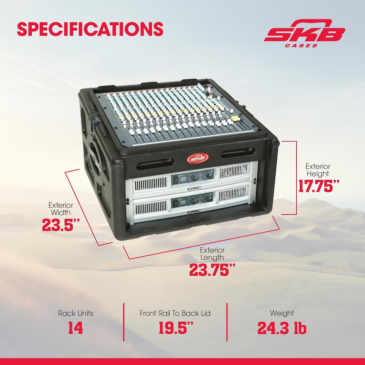 SKB Roto Rack/Mixer Console, 10U Slanted Rackmount on top, 4U Rackmount in Front with Steel Threaded Rails, Hard Lid and Doors and Side Access Ports