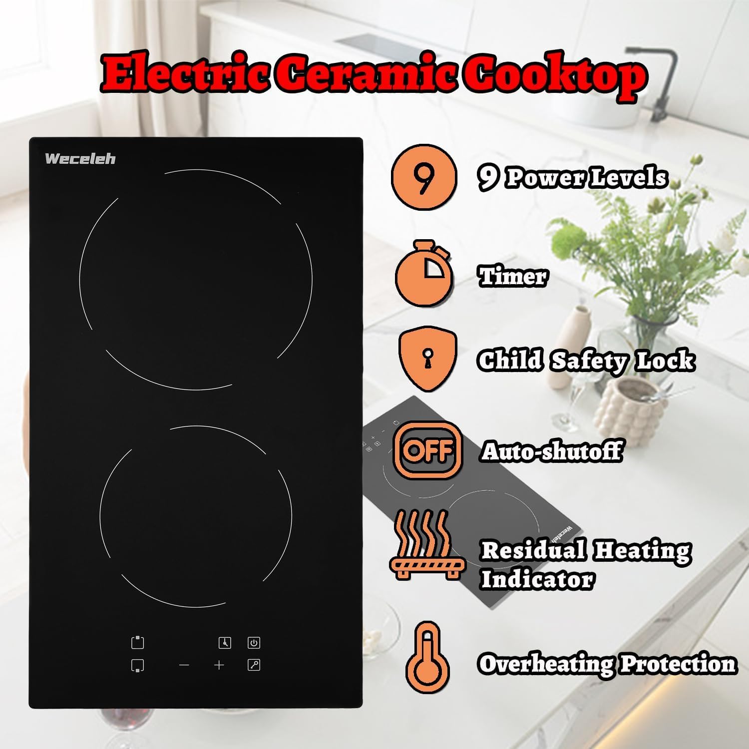Electric Cooktop 2 Burner, 12 Inch Electric Stove Top, Built-in, 110V-120V Plug in, Touch Panel, Ceramic Burners with 9 Heating Level, Child Lock and Timer, 1800W