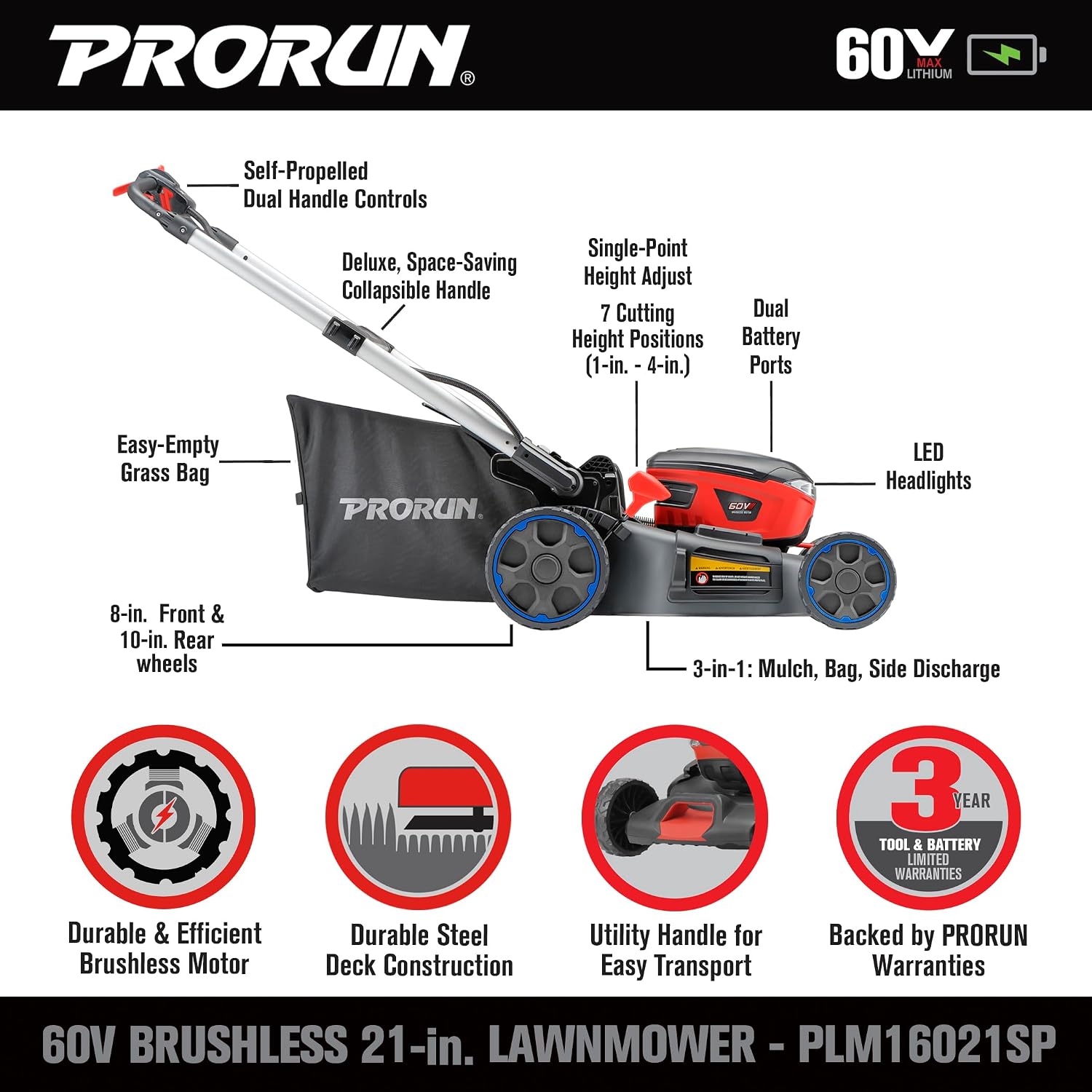 PRORUN 60V 21-in. Steel Deck Brushless Cordless Self-Propelled Lawn Mower with 5.0 Ah Battery and Charger PLM16021SP