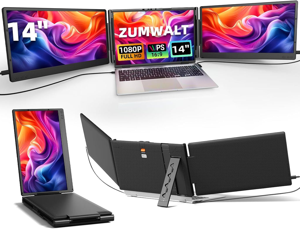 ZUMWALT Laptop Screen Extender, 14' Triple Portable Monitor for Laptop, 1080P FHD Screen Extender Monitors for 13'-16.5', Monitor Extender for MacOS/Windows/Chrome (Built-in Speakers)