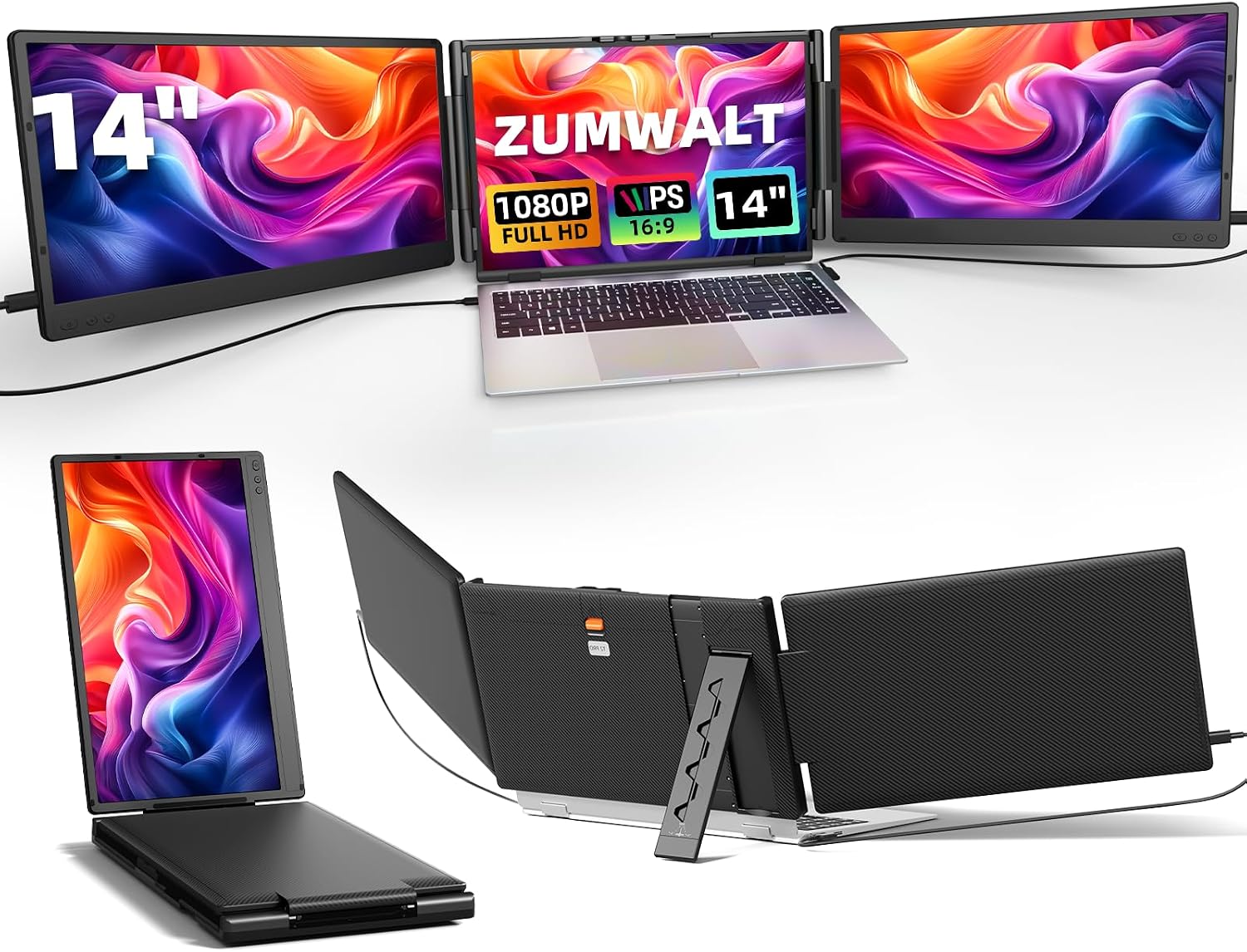ZUMWALT Laptop Screen Extender, 14' Triple Portable Monitor for Laptop, 1080P FHD Screen Extender Monitors for 13'-16.5', Monitor Extender for MacOS/Windows/Chrome (Built-in Speakers)
