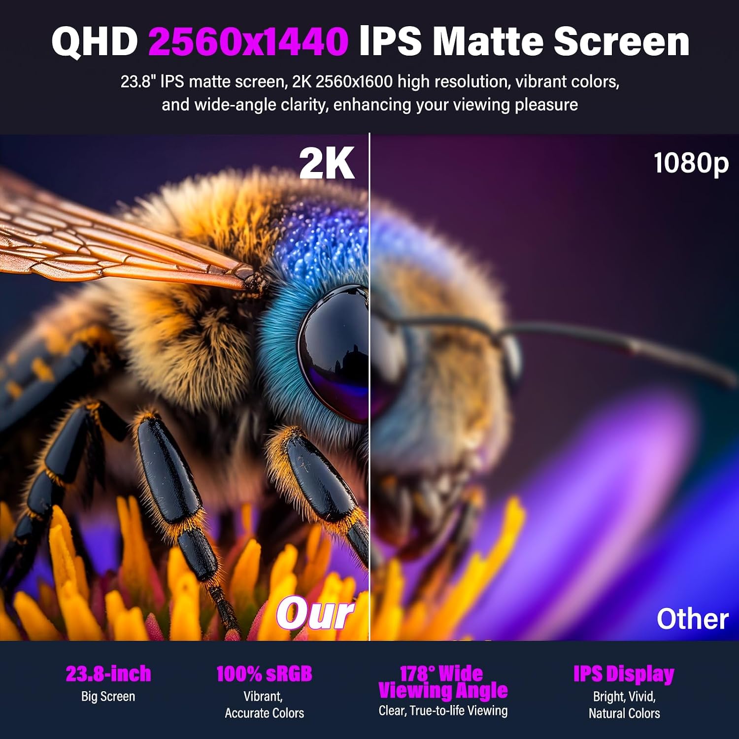 2K 180Hz Portable Gaming Monitor, 23.8' 2560x1440 QHD Fast IPS ∆E<2 100% sRGB Portable Monitor w/180° Adjustable Stand Type-C HDMI Eye Care External Second Screen for Laptop Phone PS4 PS5 Switch Xbox