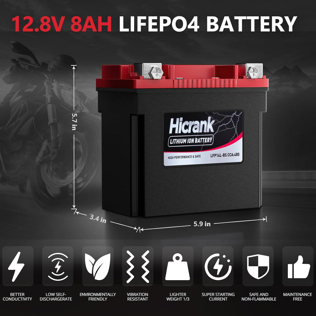 YTX14L-BS (GYZ16HL) Lithium 12V 8Ah 480CCA LiFePO4 Motorcycle Battery, Powersports Battery for Honda KTM Yamaha Harely, Fit ATV, UTV, Motocross, 4 Wheeler, Quad, Riding Lawn Mower