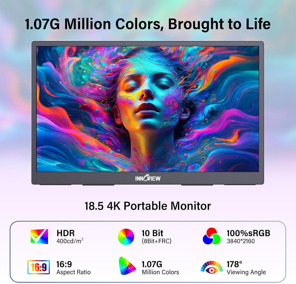 InnoView 4K Portable Monitor 18.5' 3840x2160 UHD USB-C HDMI for Laptop, 400 nits IPS Computer Gaming Display HDR Travel Monitor with W/180°Adjustable Stand for Desktop Mac Phones Tablet PS5/4 Switch
