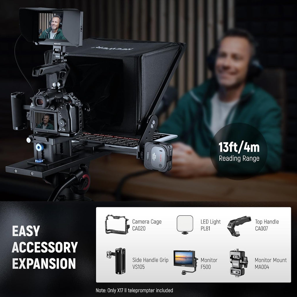 NEEWER Teleprompter X17 II with RT113 Remote/APP Control, 17' HD Beamsplitter All Metal Frame Upgraded Camera Mount QR Plate Compatible with Manfrotto 501PL iPad iPhone, Max Load 44.1Ib, Assembly Free