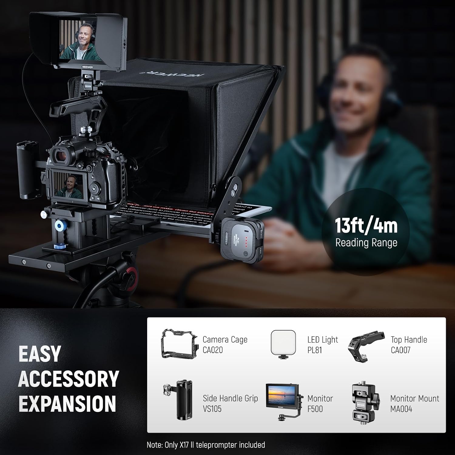 NEEWER Teleprompter X17 II with RT113 Remote/APP Control, 17' HD Beamsplitter All Metal Frame Upgraded Camera Mount QR Plate Compatible with Manfrotto 501PL iPad iPhone, Max Load 44.1Ib, Assembly Free
